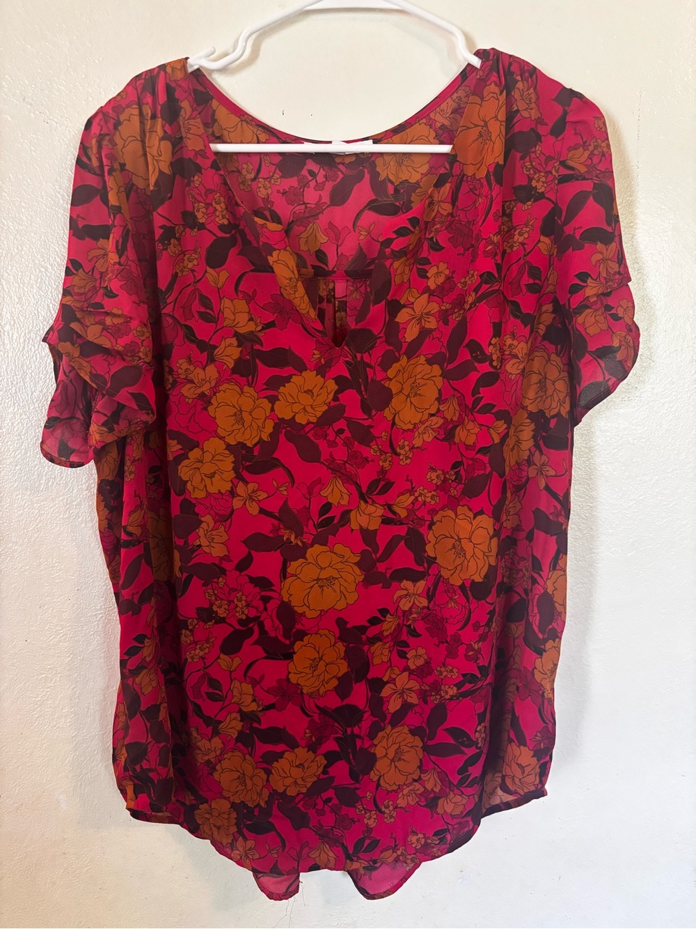 DR2 Floral V-Neck Flutter Sleeve Blouse - Red & Orange XL